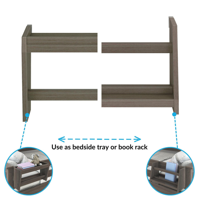 Grey wood twin loft bed frame showing detachable bedside tray and built-in book rack storage, modern finish