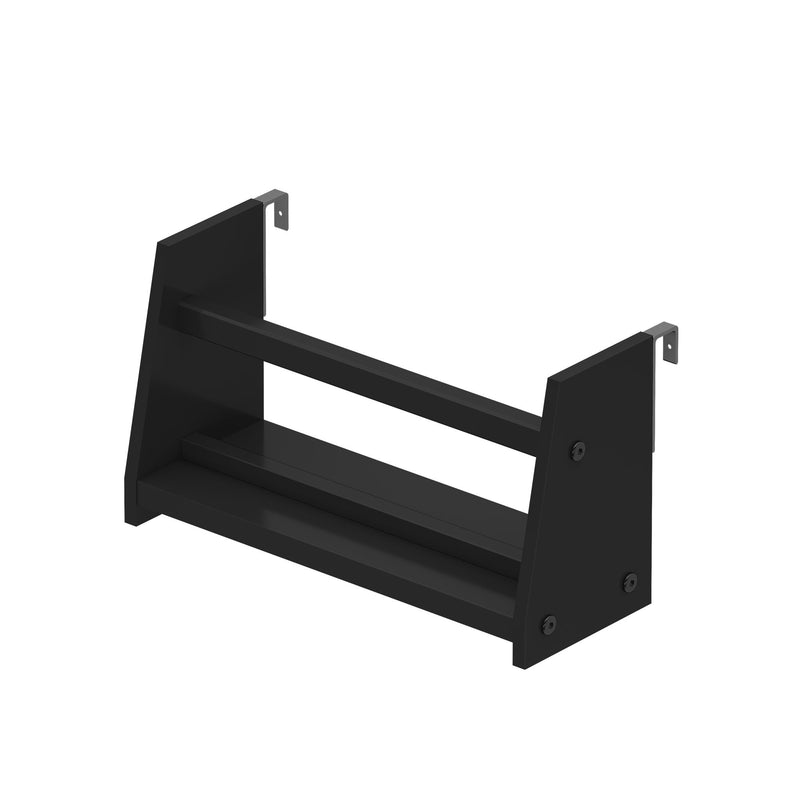 Black powder-coated steel wall-mount bracket with horizontal support bars, L-shaped mounting tabs and pre-drilled screw holes — heavy-duty shelf support