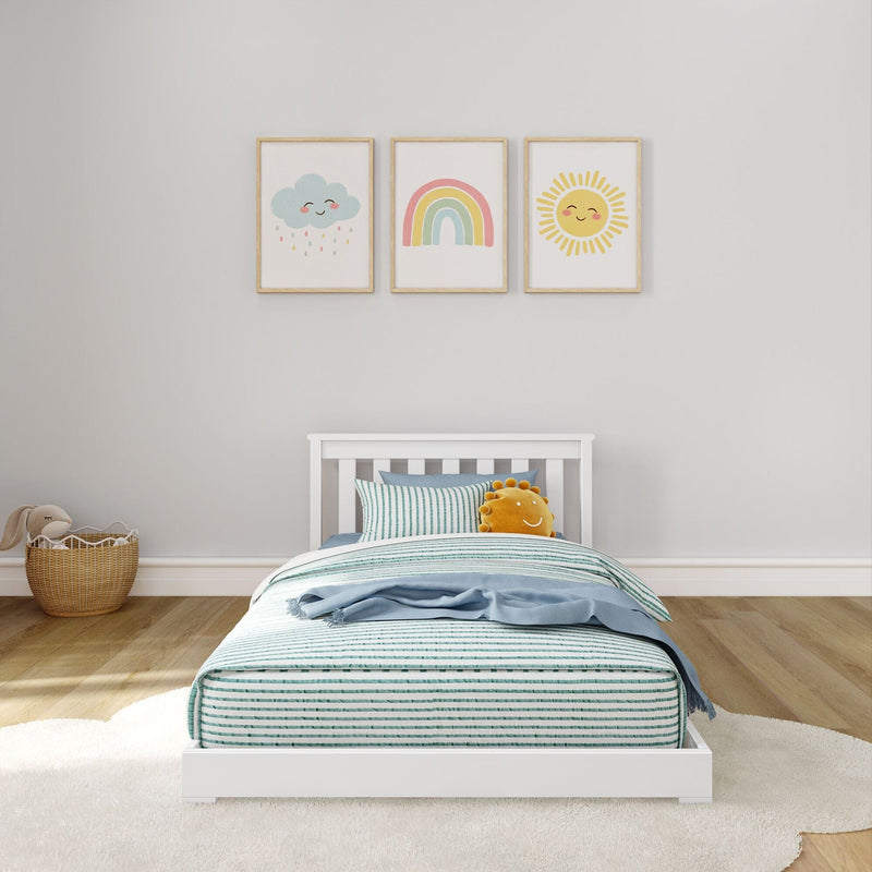 Minimalist kids bedroom with white wooden bed, striped teal bedding, plush sun pillow and rainbow, sun and cloud framed nursery wall art
