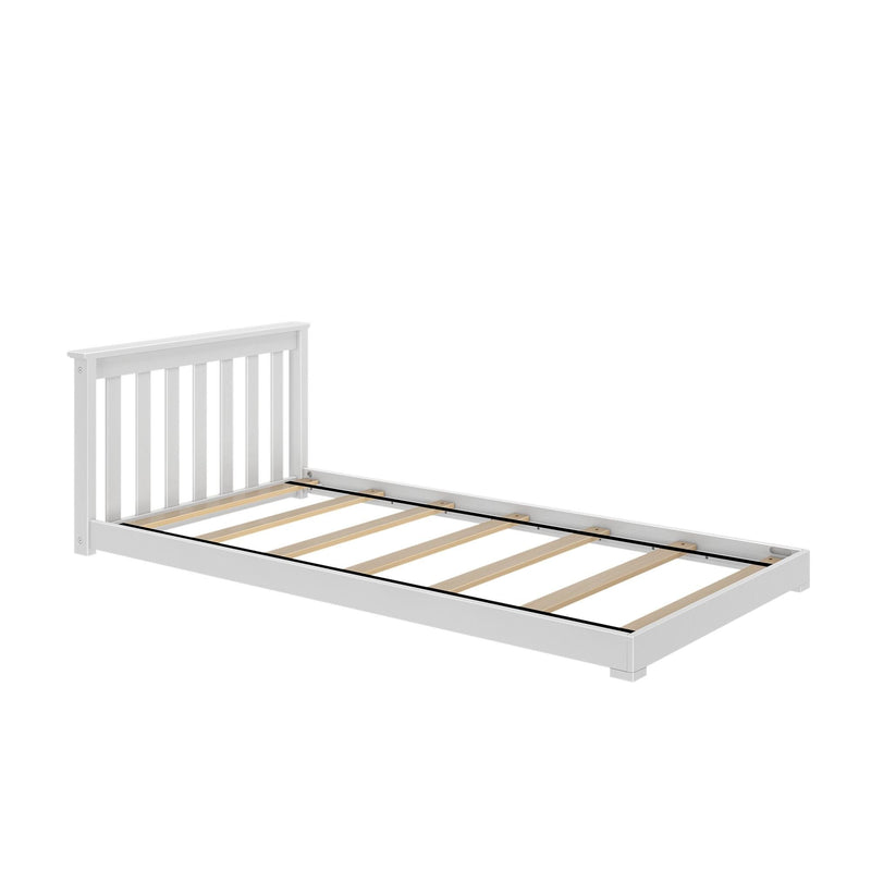 White wooden platform bed frame with slatted headboard and wooden slats, modern low-profile bed frame on white background