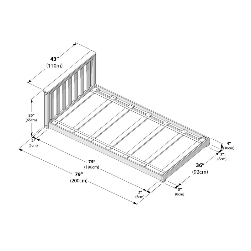 Technical drawing of a twin platform bed frame with slatted wooden headboard and mattress support, dimensions 79" x 36" (200 x 92 cm) with headboard 43" (110 cm) — assembly/measurement diagram