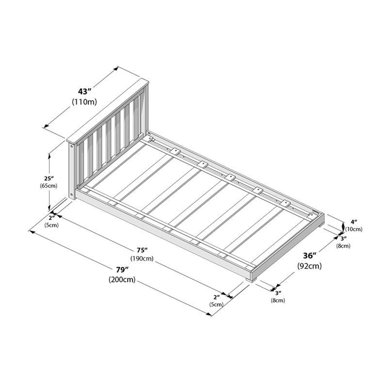 DIY wooden bed frame assembly diagram with headboard and slatted base, detailed dimensions and measurements labeled in inches and centimeters (43", 75", 79", 36") for accurate mattress and frame sizing