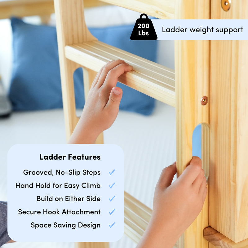 Child's hands on a wooden bunk bed ladder with grooved no‑slip steps, handhold for easy climb, and 200 lb weight capacity