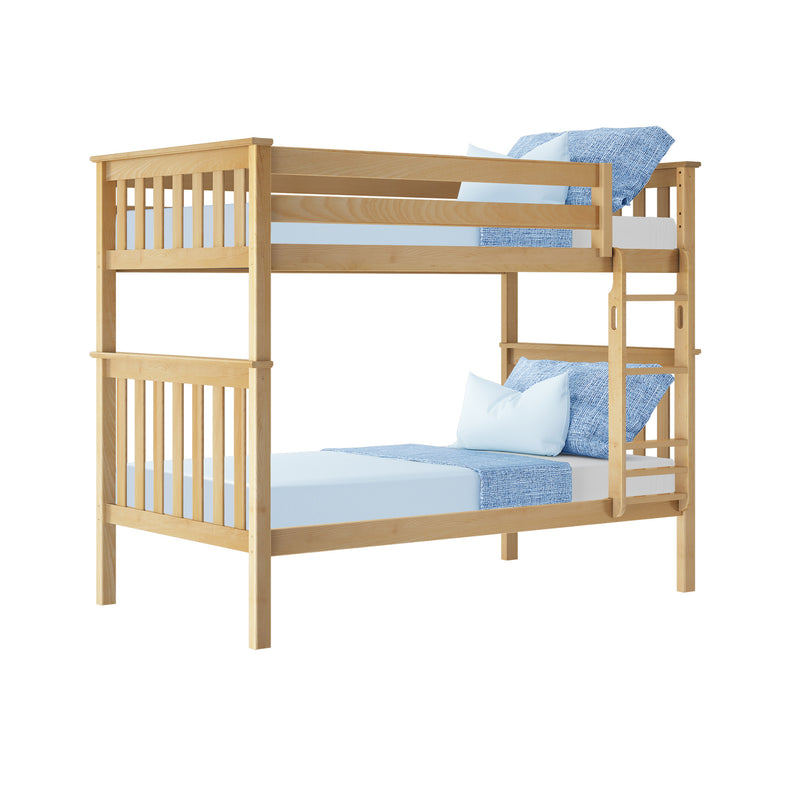 Solid wood twin-over-twin bunk bed in natural pine with ladder and blue bedding – space-saving kids bedroom furniture on white background