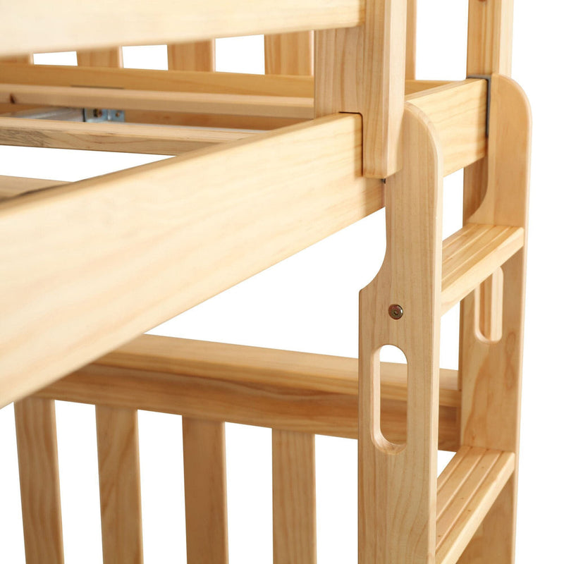 Close-up of natural pine bunk bed ladder and guardrail, solid wood frame with stepped rungs and integrated handhold cutouts in a light natural finish