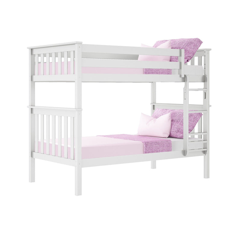 White wooden twin-over-full bunk bed with ladder and safety rails, styled with pink sheets and pillows — space-saving kids bedroom furniture