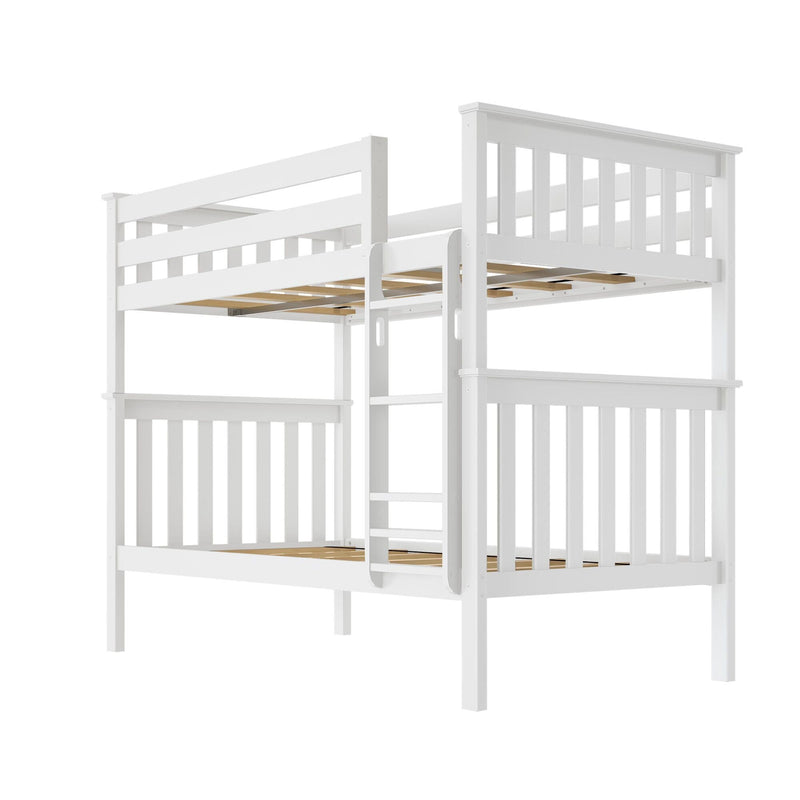 White wooden twin-over-twin bunk bed with guard rails, ladder and slatted wood supports for children's bedroom furniture