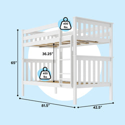 White wooden twin bunk bed with ladder and slatted guardrails, 65 in H x 81.5 in L x 42.5 in W, 36.25 in clearance between bunks, 400 lb capacity per bunk