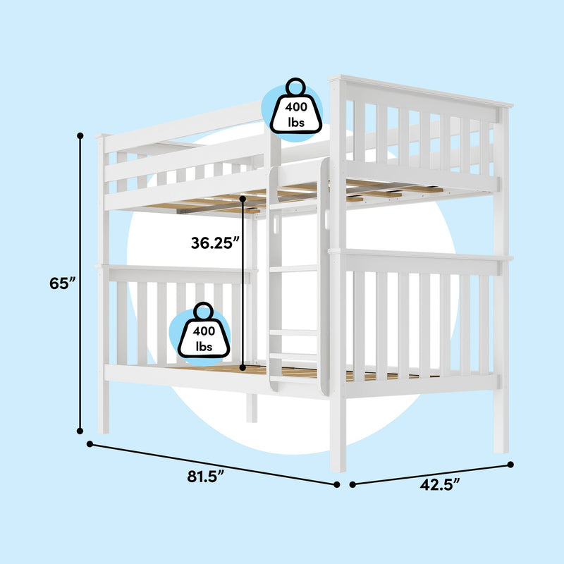 White wooden twin bunk bed with ladder and slatted guardrails, 65 in H x 81.5 in L x 42.5 in W, 36.25 in clearance between bunks, 400 lb capacity per bunk