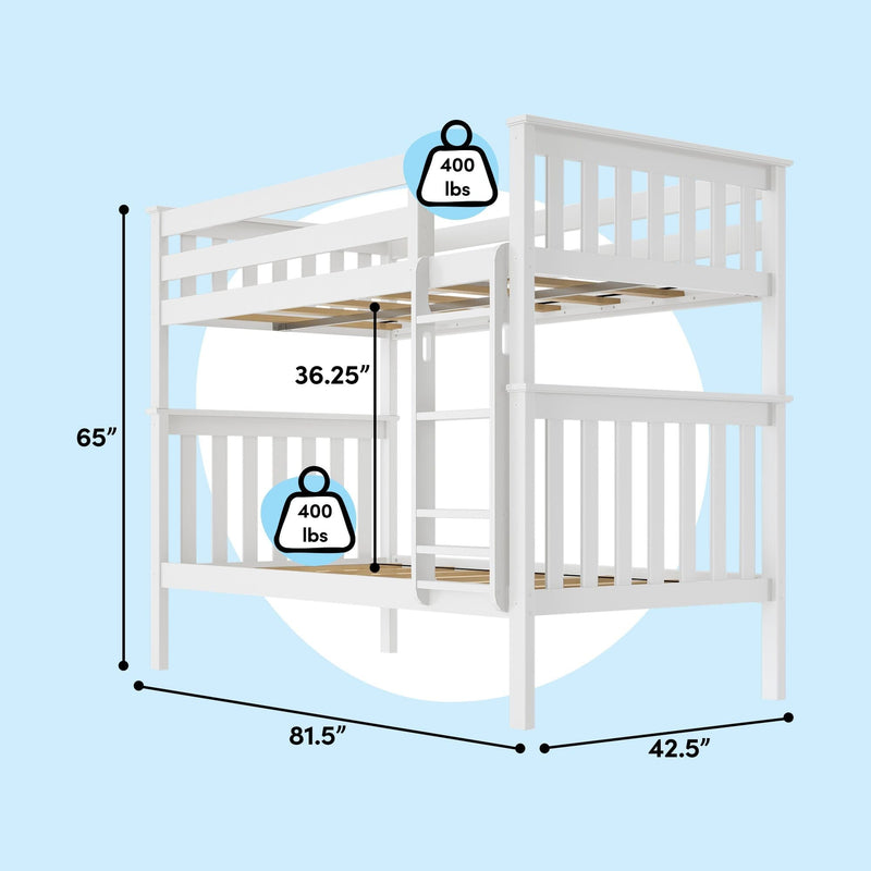 White wooden loft bunk bed with ladder and guardrails, twin-size slatted platform, 400 lb weight capacity, dimensions 81.5" L x 42.5" W x 65" H