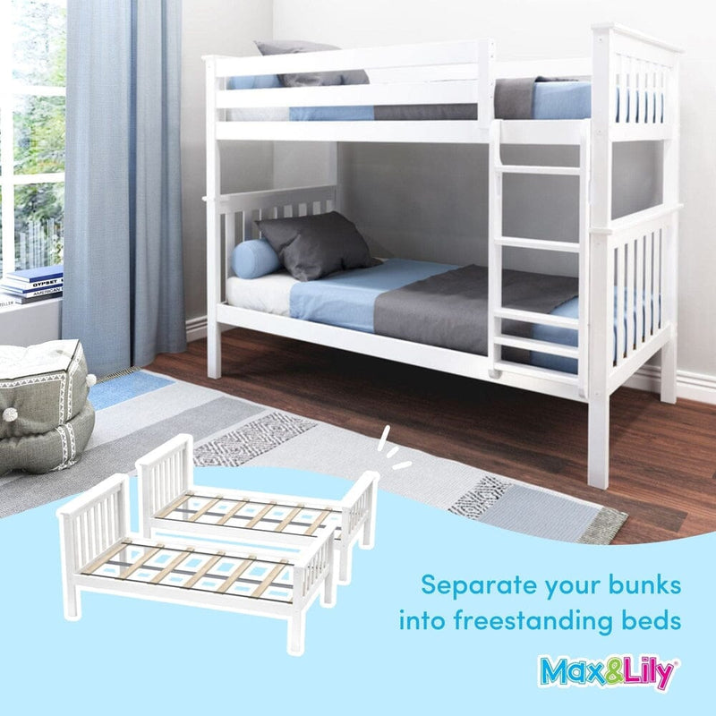 White wooden twin bunk bed with ladder, convertible into two freestanding beds for kids bedroom with blue-gray bedding and hardwood floor (Max & Lily)