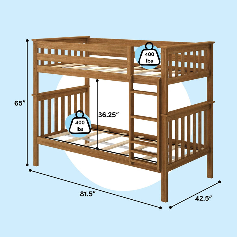 Solid wood bunk bed with side ladder in oak finish, twin-over-twin design, dimensions 81.5 in L x 42.5 in W x 65 in H, 36.25 in clearance between bunks, 400 lb weight capacity per bed