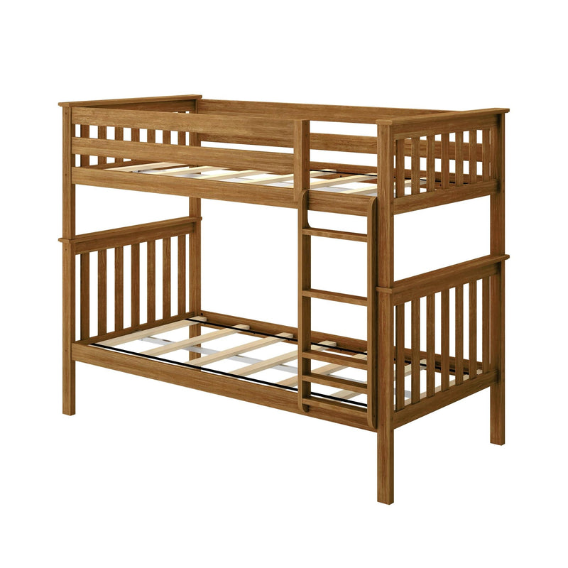 Solid wood oak-finish twin-over-twin bunk bed frame with built-in ladder, slatted guardrails and platform slats for kids' bedroom