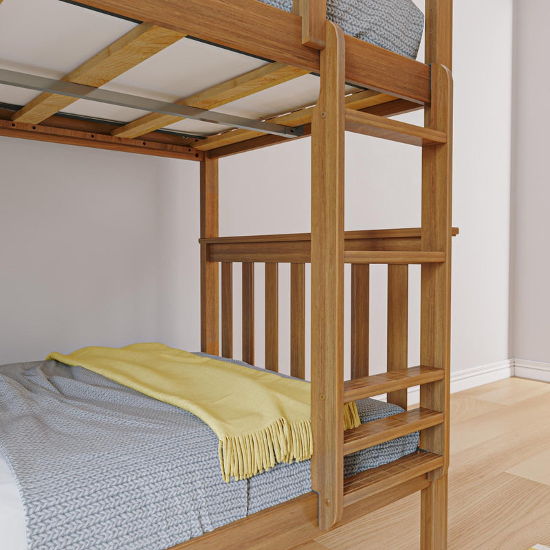 Close-up of solid wood bunk bed ladder with gray knit bedding and yellow throw in bright modern bedroom