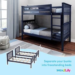 Max & Lily navy blue solid wood twin-over-twin convertible bunk bed in kids' bedroom, converts into two freestanding twin beds for space-saving versatility