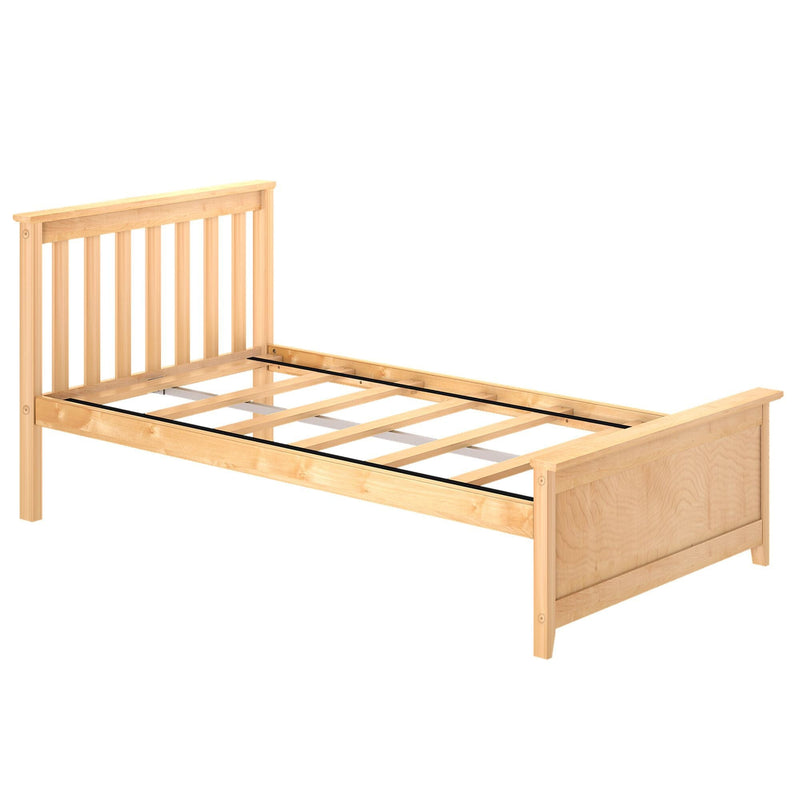 Light natural pine wood platform bed frame with slatted headboard, wooden slat mattress support and minimalist bedroom design