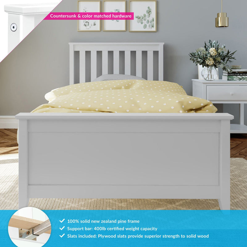 White solid pine bed frame with slatted headboard and footboard in a modern grey bedroom, yellow polka-dot duvet, bedside table with vase and pendant light, countersunk color-matched hardware