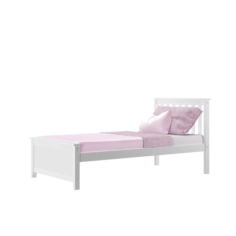 White wooden twin bed frame with slatted headboard and light pink sheets, pillow and throw — modern single bed for kids' room