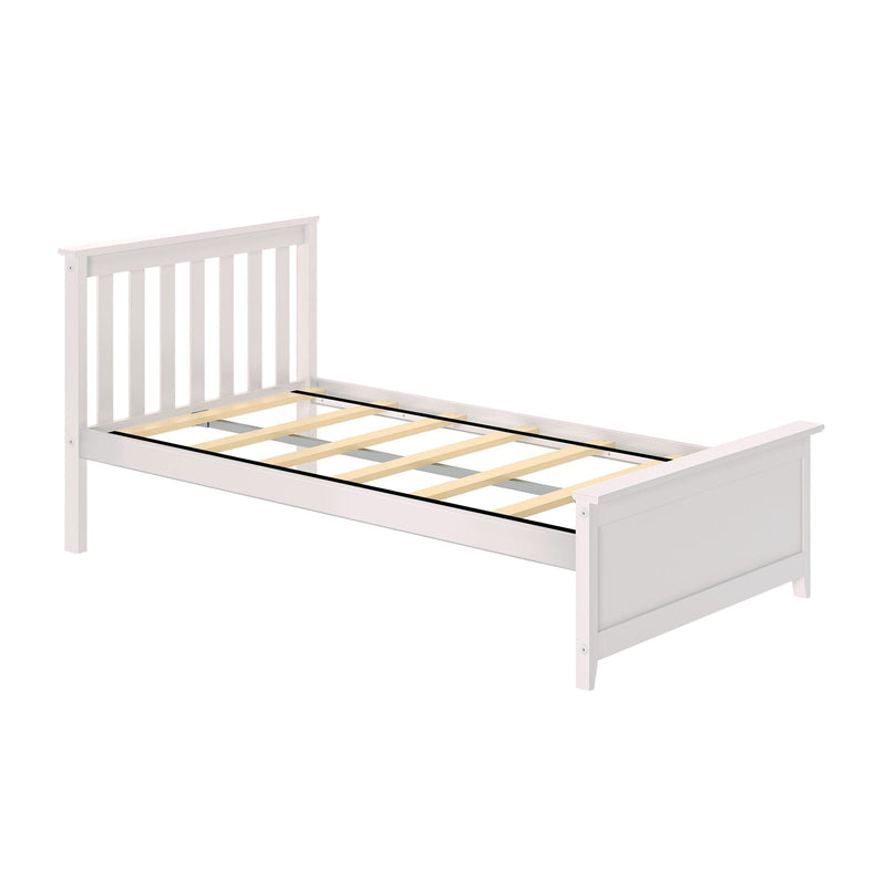 White wooden platform bed frame with slatted headboard, exposed wooden mattress slats and central metal support in modern farmhouse style