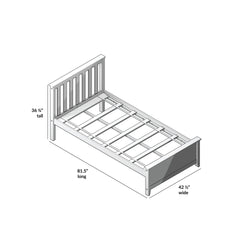 Isometric diagram of wooden twin bed frame with slatted headboard, platform slats and footboard — 81.5 in long × 42.5 in wide × 36.75 in tall