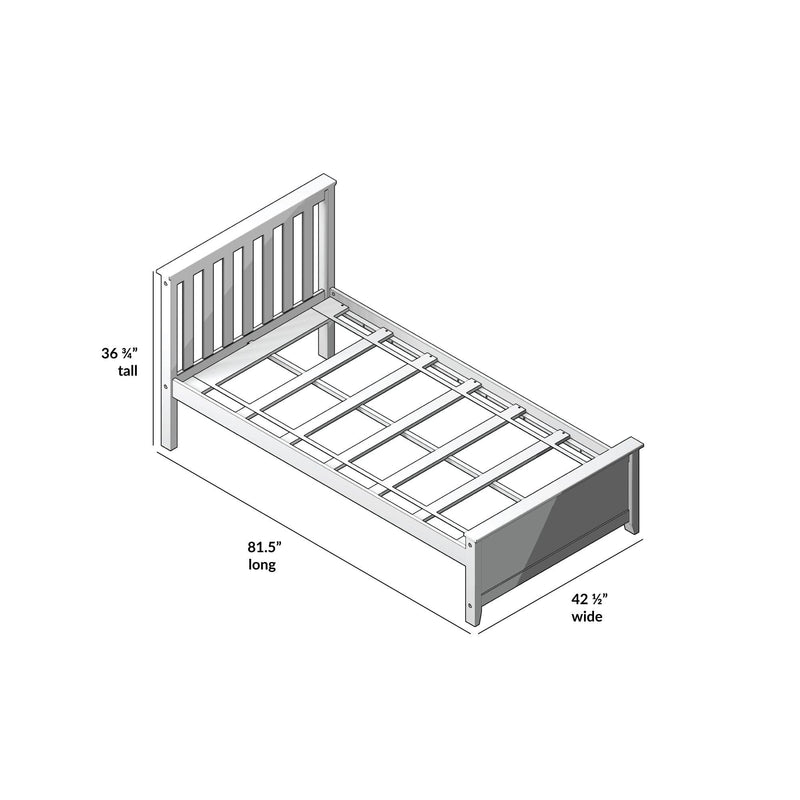 Assembly diagram of wooden slatted twin/single bed frame with vertical slat headboard and low footboard, open slat support rails; dimensions 81.5 in long × 42.5 in wide × 36.75 in tall.