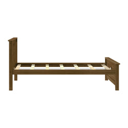 Rustic brown solid wood twin bed frame with wooden slats, headboard and footboard