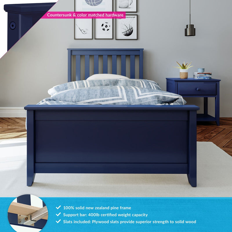Solid-pine navy blue wooden twin bed frame with matching nightstand, striped blue duvet, pendant light and framed sports prints