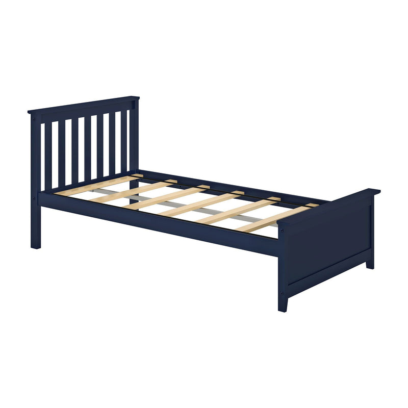 Navy blue wooden platform bed frame with vertical slatted headboard and wooden slat supports, modern twin-size bedroom furniture
