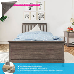 Gray solid New Zealand pine twin bed frame with slatted headboard and footboard in modern bedroom, blue polka-dot duvet, matching nightstand, plywood slats and 400 lb support bar