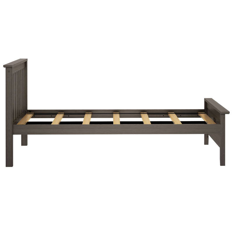 Gray wooden twin platform bed frame with slatted mattress support, vertical slat headboard and footboard