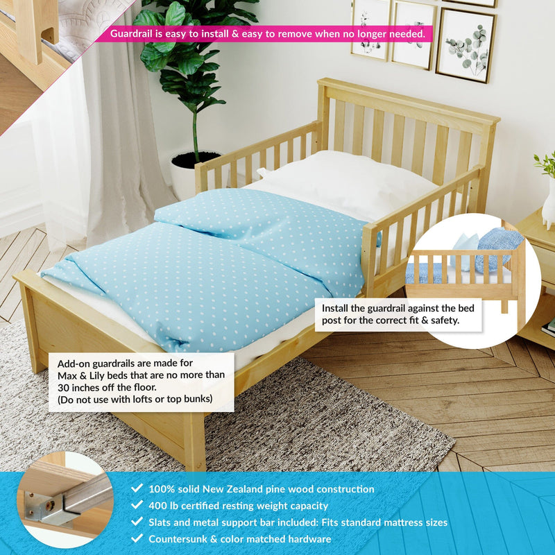 Solid pine toddler bed with removable guardrail and blue polka-dot bedding in nursery, showing easy-install guardrail and metal support bracket for safety