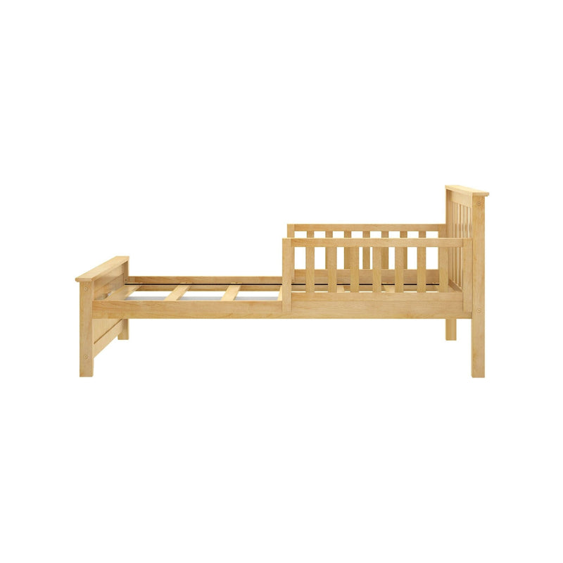 Solid oak twin platform bed frame with slatted headboard and footboard, exposed wooden slats and sturdy rails in natural finish