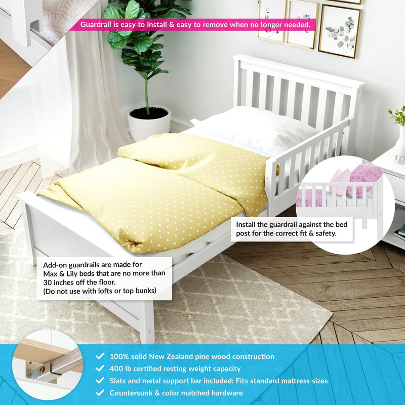 Toddler bed guardrail on white wooden child bed with yellow polka-dot duvet, potted plant and framed art — removable bed safety rail for Max & Lily beds