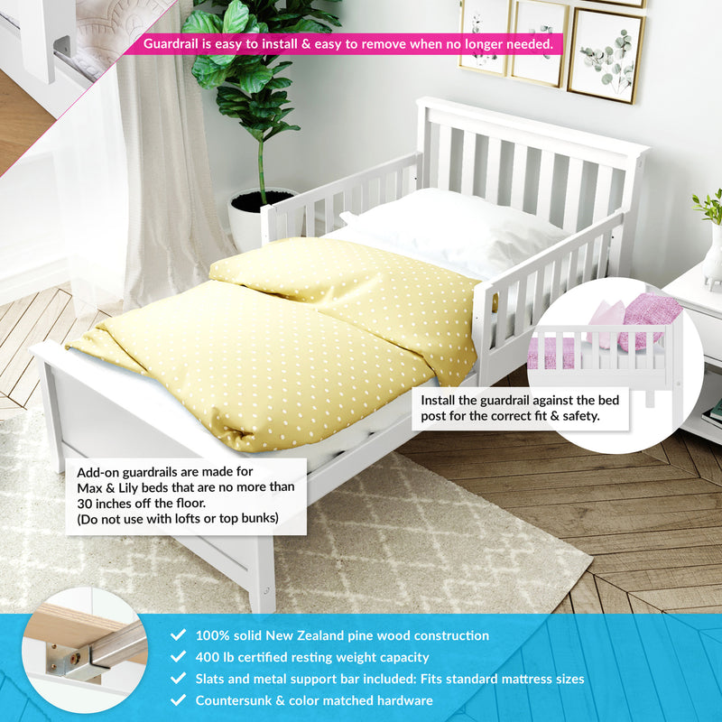 White wooden toddler bed with removable safety guardrail and yellow polka-dot duvet in a modern nursery — easy-install add-on bed rail for kids and toddlers