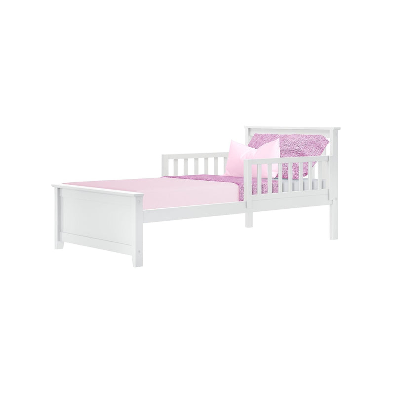 White wooden child's bed with pink fitted sheet, textured pink throw and matching pillow, modern girls' bedroom furniture