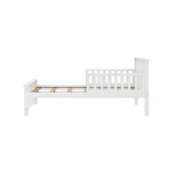 White wooden toddler bed frame with safety guardrail and slatted support rails, low-profile daybed for kids nursery