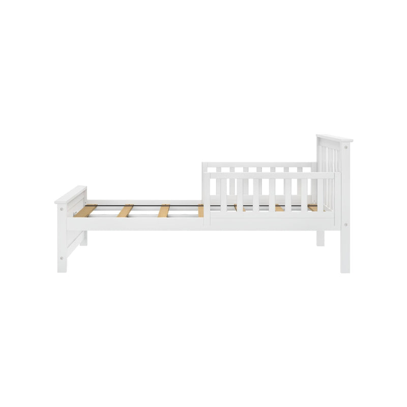 White wooden toddler bed frame with safety guardrail and slatted support rails, low-profile daybed for kids nursery