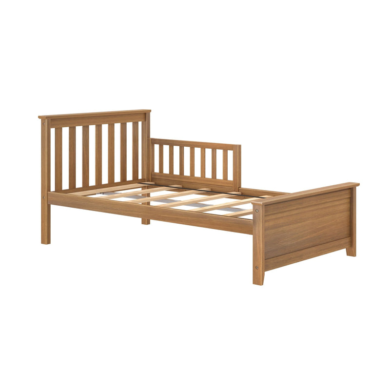 Oak-finish wooden platform bed frame with slatted headboard and footboard and exposed mattress slats, modern rustic design