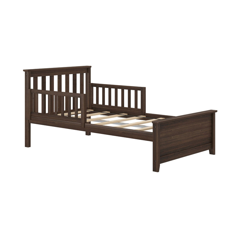 Dark brown wooden platform bed frame with vertical slatted headboard and footboard, visible mattress support slats, walnut finish
