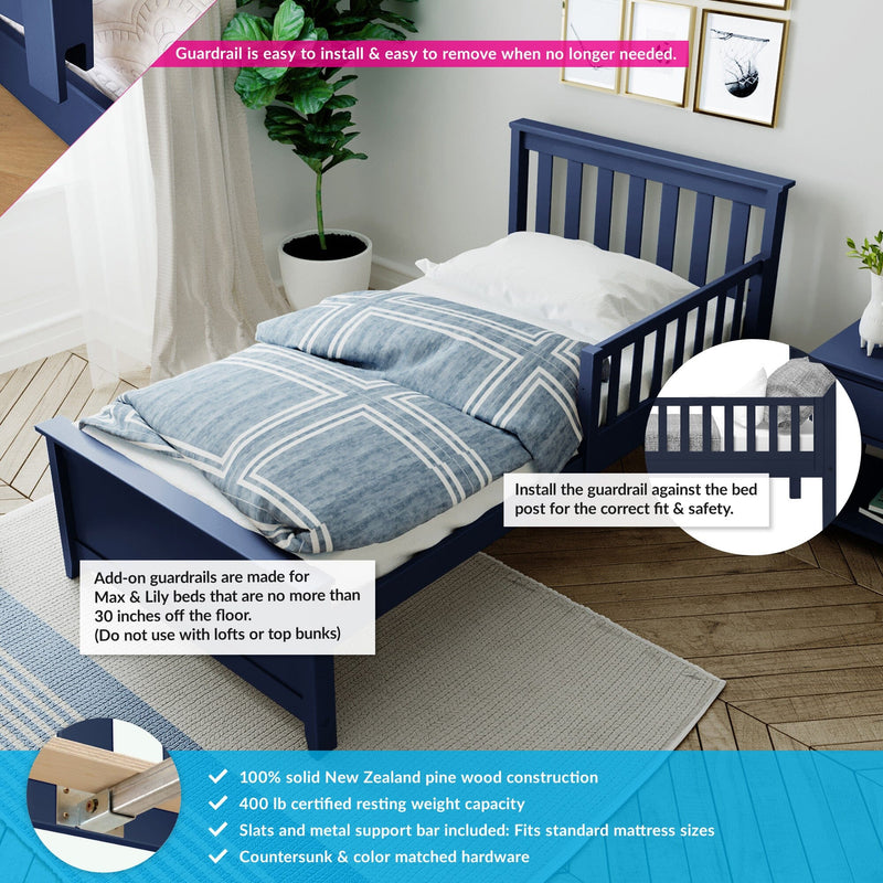 Navy blue wooden kids' bed with safety guardrail installed, blue geometric bedding, potted plant and hardwood floor — easy-to-install bed guardrail and solid pine construction