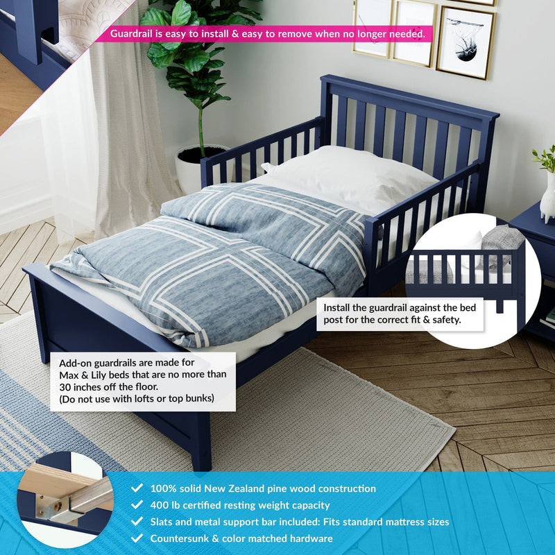 Navy blue toddler bed with removable guardrail and blue geometric duvet in a modern kids' bedroom, highlighting easy-install safety bedrail, solid wood construction and mattress support