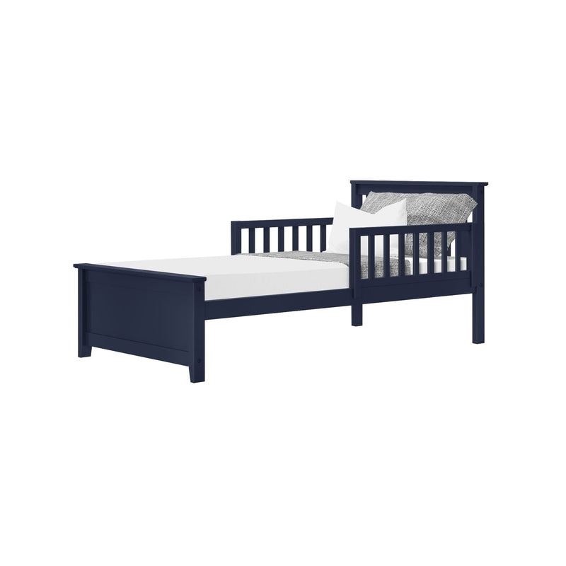 Navy blue wooden twin toddler bed with slatted guardrail, gray textured bedding and white pillow