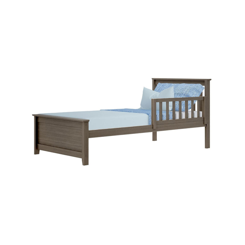 Wooden twin bed frame in gray-brown with slatted headboard and side guard rail, styled with light blue sheets and patterned blue pillow