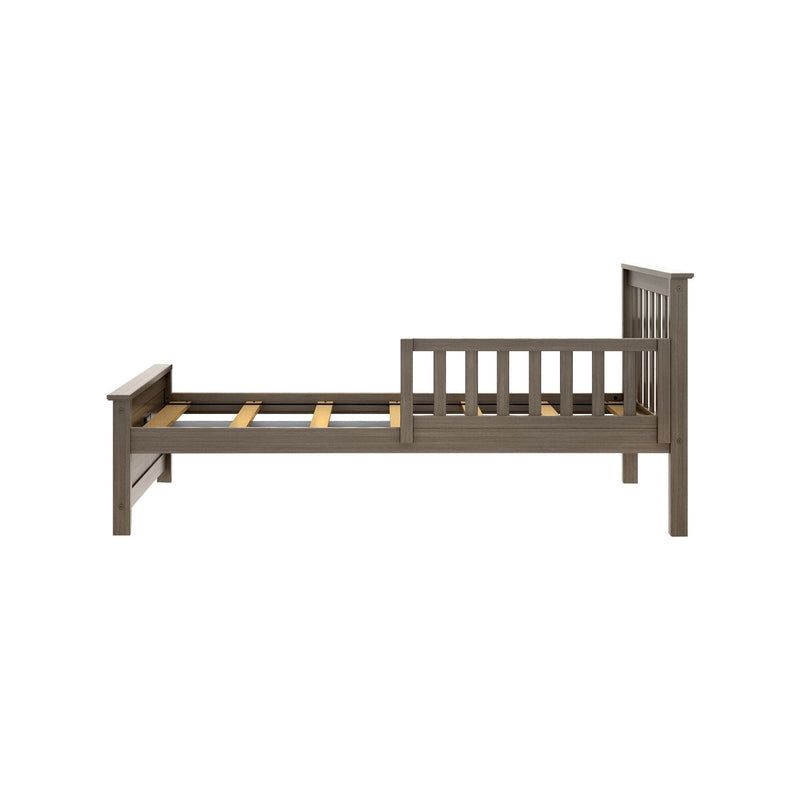 Gray wood toddler bed frame, twin size, with slatted headboard, removable safety rail and wooden slats in a modern farmhouse finish