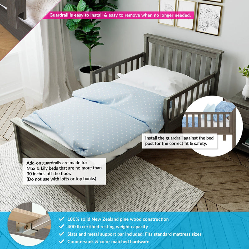 Gray wooden toddler bed with removable guardrail, blue polka-dot bedding, easy-install safety rail for standard mattresses