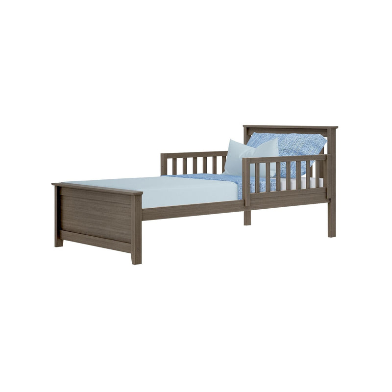 Gray-brown wooden twin bed frame with slatted side rails, headboard and footboard, styled with light blue sheets and pillows