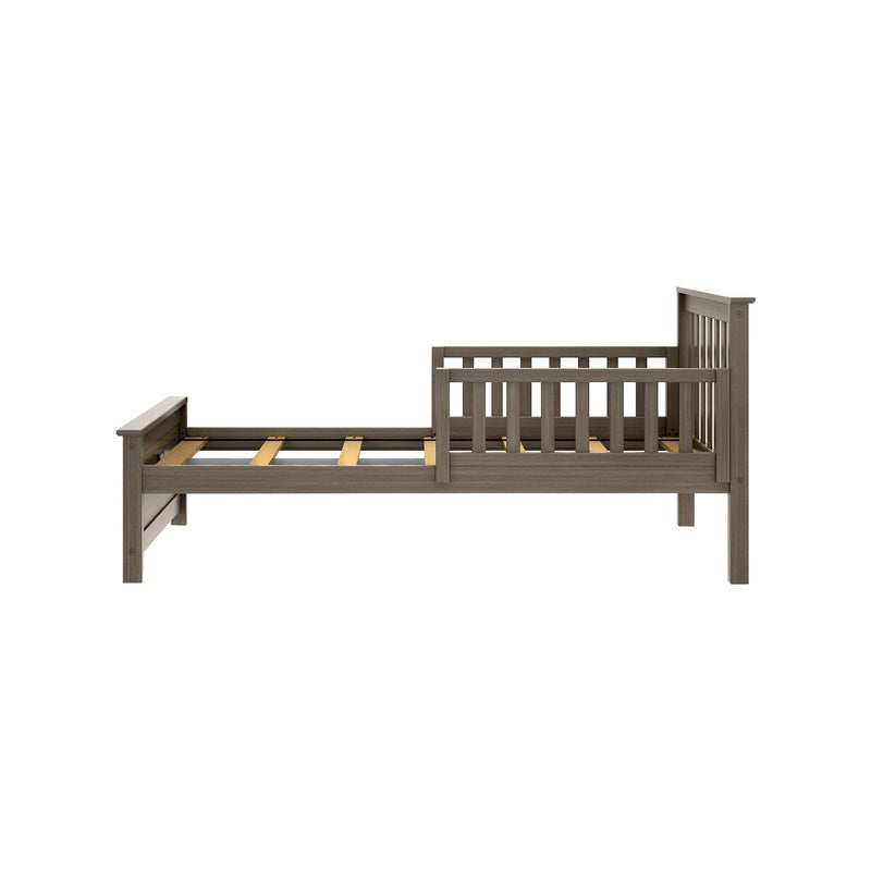 Gray-brown wooden toddler bed frame with slatted headboard, detachable safety guardrail, and visible mattress slats