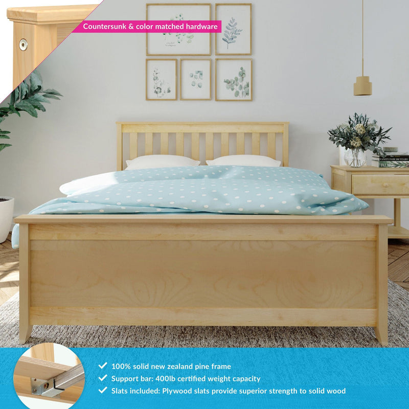 Solid New Zealand pine wooden bed frame with slatted headboard in minimalist bedroom, light natural finish, blue polka-dot duvet, bedside table with lamp and vase, botanical wall art
