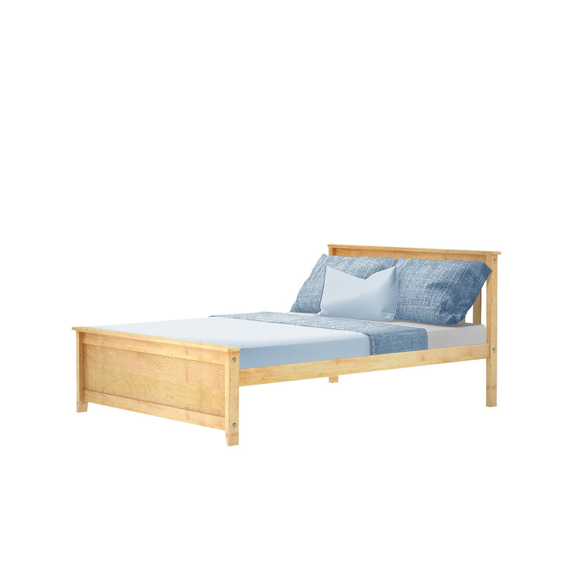 Wooden single bed with blue bedding and pillows.