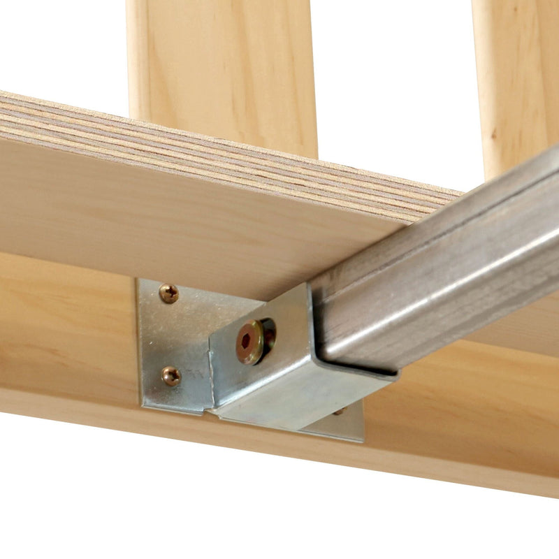 Close-up of plywood shelf edge with metal corner bracket, mounting screws and steel rail for wood shelving installation